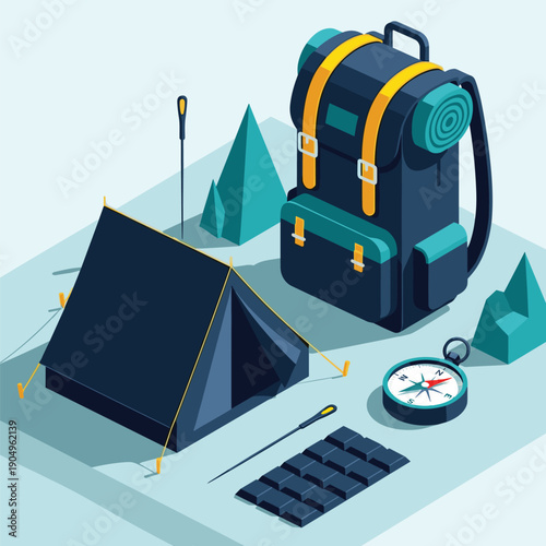 Comprehensive isometric illustration of essential camping and adventure gear, including a tent, backpack, compass, and other tools, ready for outdoor exploration.