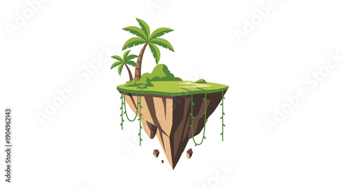 Whimsical pixel art depiction of a lush, vibrant floating tropical island with two tall palm trees and green foliage, surrounded by dangling vines.