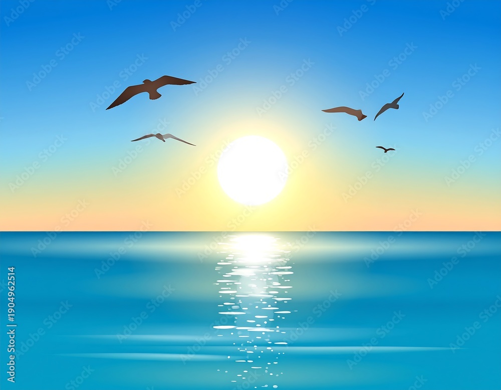 Naklejka premium Sea horizon, sunset, with birds flying in the warm, colorful sky over calm waters