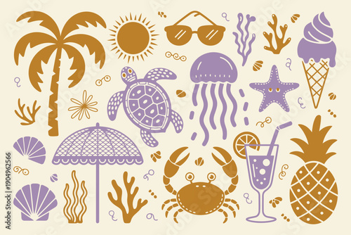 Summer Beach Vacation Illustration Set with Tropical Palm Tree, Sea Turtle, Crab, and Jellyfish. Colorful Retro Sun, Sunglasses, Ice Cream, and Ocean Coral Icons on Beige Background.