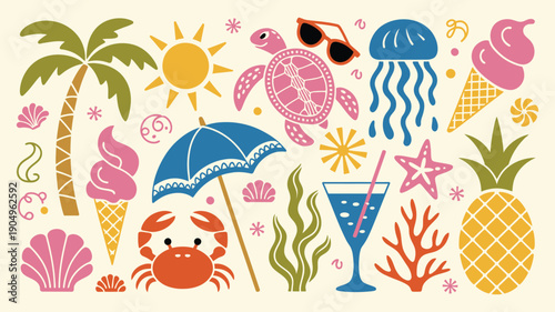Summer Doodle Icon Vector Set with Hand Drawn Tropical Elements Including Sun, Palm Trees, Flamingo, Jellyfish, Crab, Pineapple, Coral, Sea Creatures, and Beach Symbols in Bright Colors
