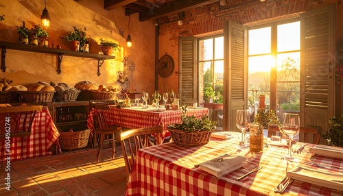 Rustic Italian Trattoria with Checkered Tablecloths and Wine Bottles at Sunset