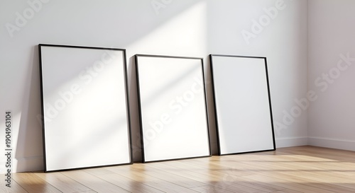 Three Blank Vertical Picture Frames Leaning Against A White Wall with Hardwood Floor and Direct Sunlight