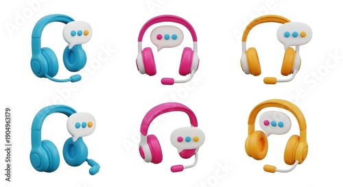 Three Dimensional Renderings of Colorful Customer Service Headsets With Speech Bubbles Against a White Background