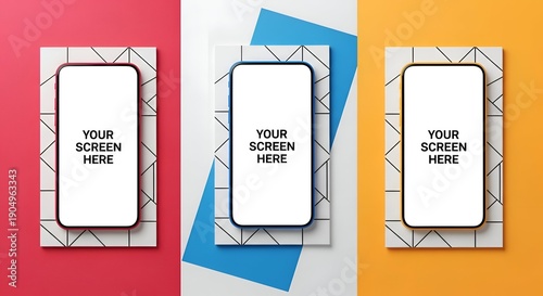 Three Smartphones Displaying White Screens on Textured Tiles with Colorful Backgrounds