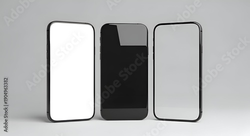 Three Smartphones with Blank Screens on a Light Grey Background