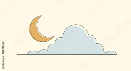 Crescent Moon and Cloud Illustration in Minimalist Style.