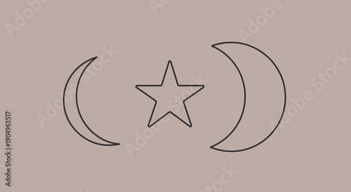 Crescent Moon and Star Symbol Outline on Taupe Background.