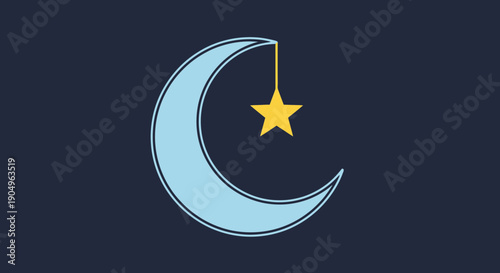 Crescent Moon and Hanging Star Illustration Dreamy Night Sky Concept.