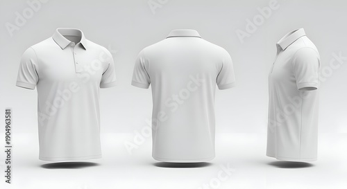 Three White Polo Shirts Displayed Front Back and Side View on Neutral Background