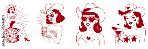 vintage western cowgirl pinup set, stylish american retro women portraits from 50s 60s and 70s fashion era, ranked titles concept, hierarchy retro glamour symbols, premium classic levels for illustrat