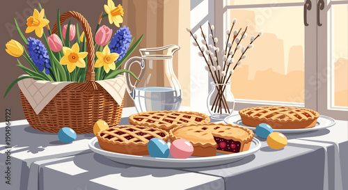 Easter dessert table with pies and flowers by the window  