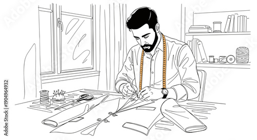 Tailor working on shirt design at table with sewing tools indoors  