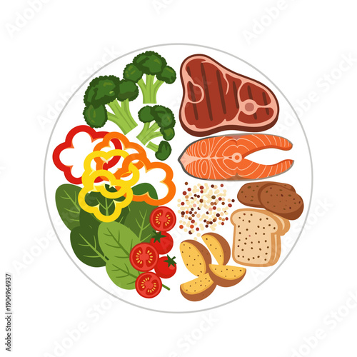 Colorful plate with assorted healthy foods including meat and vegetables  