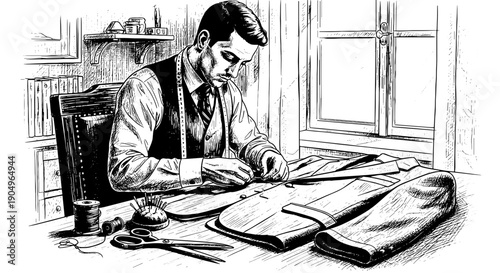 Tailor measuring fabric while sewing trousers in workshop  