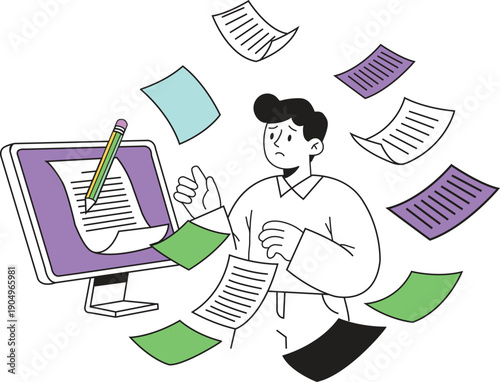 Overwhelmed office worker surrounded by paperwork and computer screen