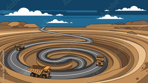 OpenPit Mine with Trucks on a Winding Road.