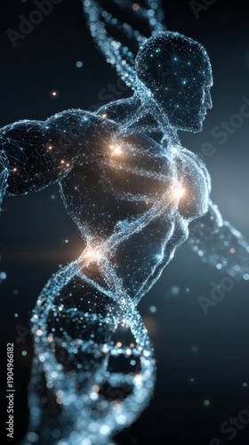 Image of dna strand spinning and data processing over strong man exercising. Global business digital interface technology and networking concept digitally generated image.