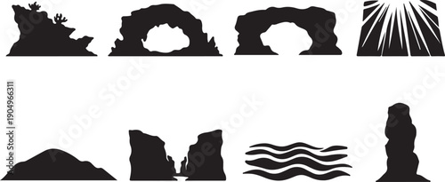 Diverse Black Vector Silhouettes of Natural Geological and Marine Formations: Sea Caves, Coral Reefs, Natural Arches, Rock Cliffs, and Abstract Ocean Waves Icon Set for Maps and Gaming Assets