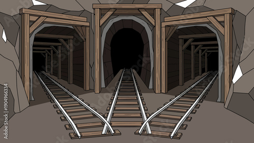 Three Mine Entrances with Converging Railroad Tracks.