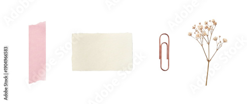 Photos Pink washi tape strip, torn white paper note, rose gold paperclip and dried baby's breath isolated on transparent background