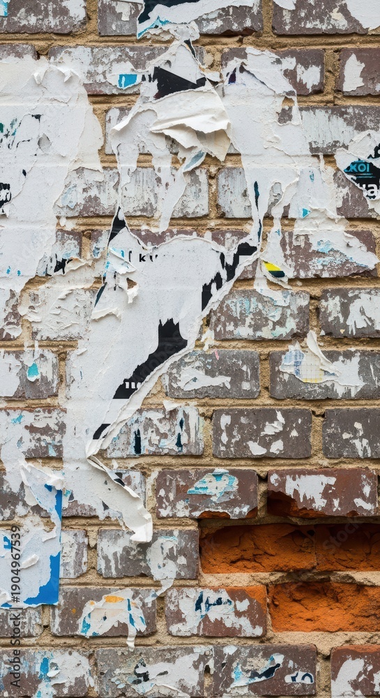 Fototapeta premium Peeling weathered posters on brick wall with exposed red bricks in urban street setting
