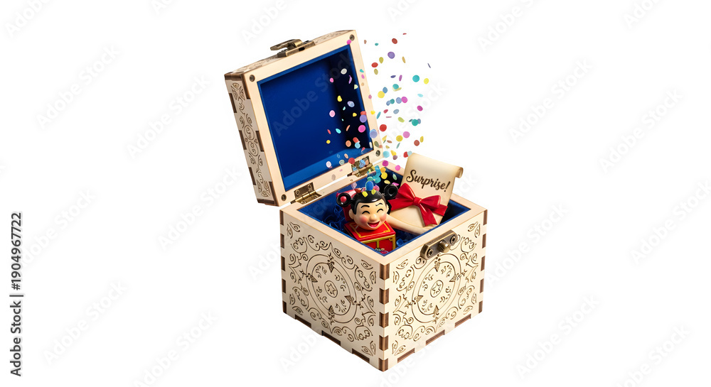 Obraz premium Decorative wooden treasure chest opening with colorful confetti and small gifts inside, isolated on transparent background