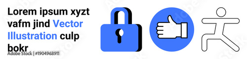 Security, approval, fitness, personal safety, exercise, activity. A blue padlock, thumbs-up symbol on a blue circle and a running person outline. Security and approval concept