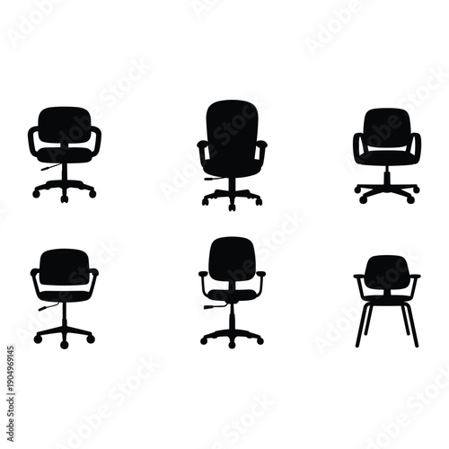 Six distinct office chairs displayed in a two-by-three grid arrangement. isolated on white background, Vector