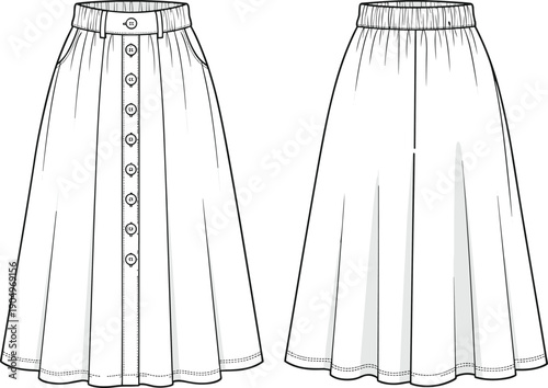 Technical CAD Drawing Flat Vector Illustration of a Women's Long Maxi Dress Featuring Deep V-Neck Balloon Sleeves and Floral Print