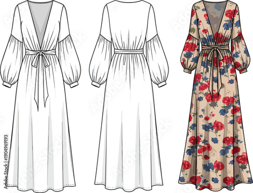 Technical CAD Drawing Flat Vector Illustration of a Women's Long Maxi Dress Featuring Deep V-Neck Balloon Sleeves and Floral Print