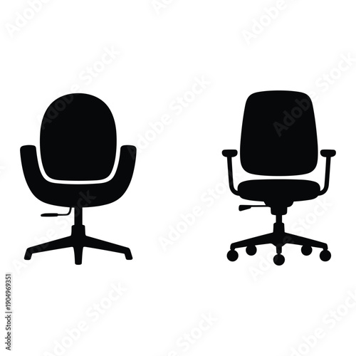 Two black office chairs with wheels and armrests on a white background isolated on white background, Vector