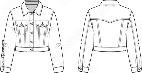 Women Cropped Denim Trucker Jacket Technical Flat Fashion Sketch Vector Illustration with Button Front and Flap Pockets CAD Drawing Template