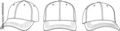 Set of Blank Six Panel Baseball Cap Technical Flat Fashion Sketch Vector Illustration with Various Profile Angles for Hat CAD Drawing