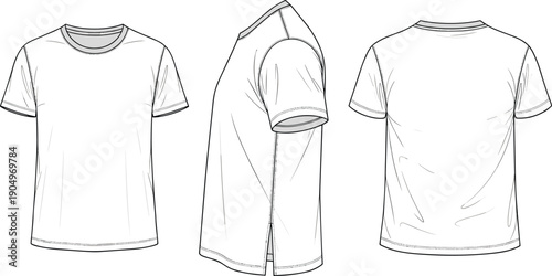 Men Short Sleeve Raglan T-shirt Technical Flat Fashion Sketch Vector Illustration with Side Slit Front Back and Side View CAD Drawing