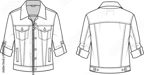 Men Denim Style Jacket Technical Flat Fashion Sketch Vector Illustration with Zipper Front Flap Pockets and Roll Up Sleeves CAD Drawing