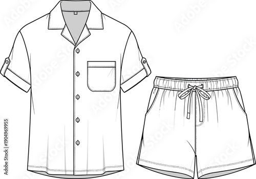 Men Short Sleeve Button Down Shirt and Drawstring Shorts Set Technical Flat Fashion Sketch Vector Illustration Front View CAD Drawing