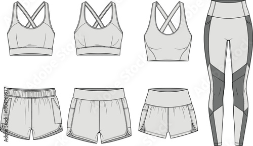 Women Activewear Yoga Set Technical Flat Fashion Sketch Vector Illustration with Sports Bra Leggings and Running Shorts Collection CAD Drawing