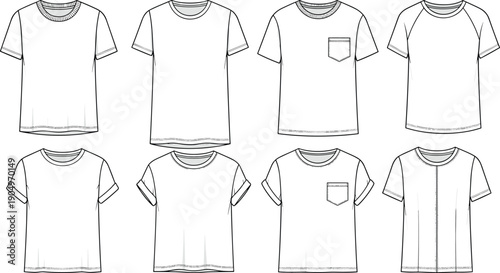 Set of Men and Women T-shirt Technical Flat Fashion Sketch Vector Illustration Bundle with Various Necklines Sleeves and Pockets CAD Drawing