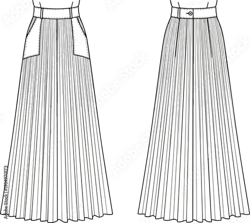 High Waisted Plisse Pleated Maxi Skirt Technical Flat Fashion Sketch Vector Illustration with Side Pockets Front and Back View CAD Drawing
