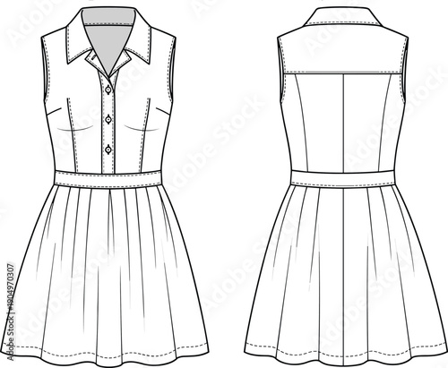 Sleeveless button down shirt dress technical fashion sketch set featuring pleated skirt and collar detail for apparel design flat vector illustration