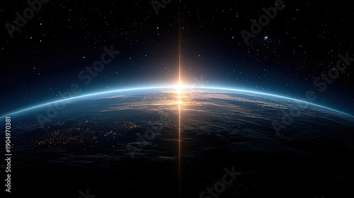 Sunrise over planet Earth horizon from space with glowing light flare dark shadowed continents and distant stars in deep black cosmic background night sky