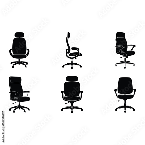 Six different office chairs with unique designs and features isolated on white background, Vector