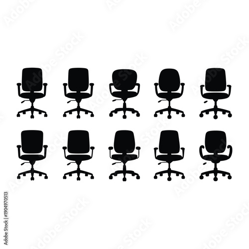 Ten black office chairs arranged in a two by five grid pattern on a white background isolated on white background, Vector
