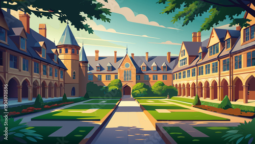 Very beautiful courtyard at Princeton University, featuring balanced landscaping, historic academic buildings, and a peaceful setting designed for reflection and scholarly life.