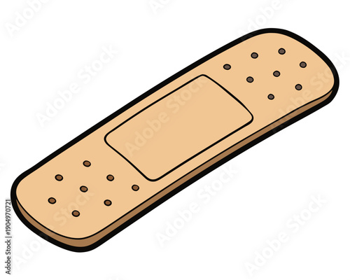 A cartoon band-aid with adhesive strips and a central pad is illustrated on a clean background from a diagonal viewpoint.