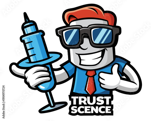 Cartoon character in sunglasses holding a syringe and giving a thumbs up, illustrating trust in science