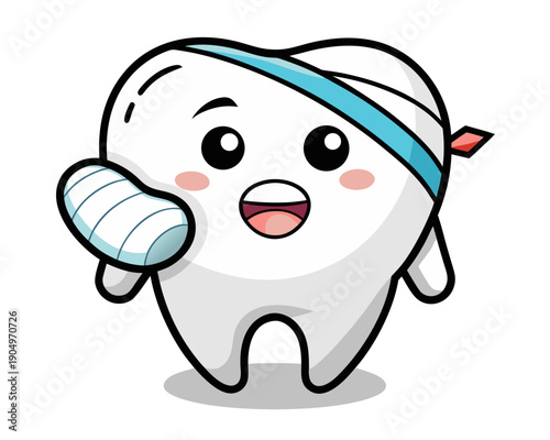 A cartoon tooth character with a bandage on its head and arm, smiling and holding a bandage