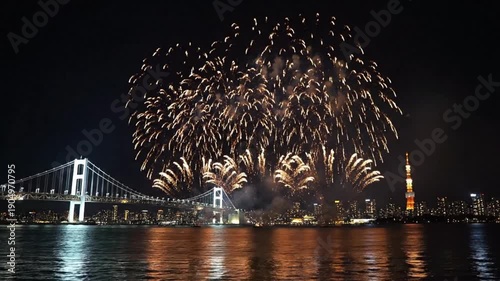 Fireworks display over Tokyo Bay with Rainbow Bridge and Tokyo Tower in the background during New Year celebration night