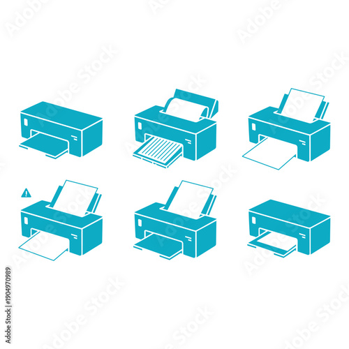 A collection of various printers in a minimalist blue design isolated on white background, Vector